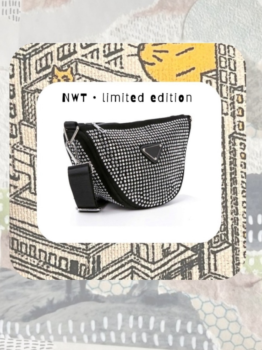 🎉 Black Leather Cross Body Sling Shoulder Bag Silver Rhinestones